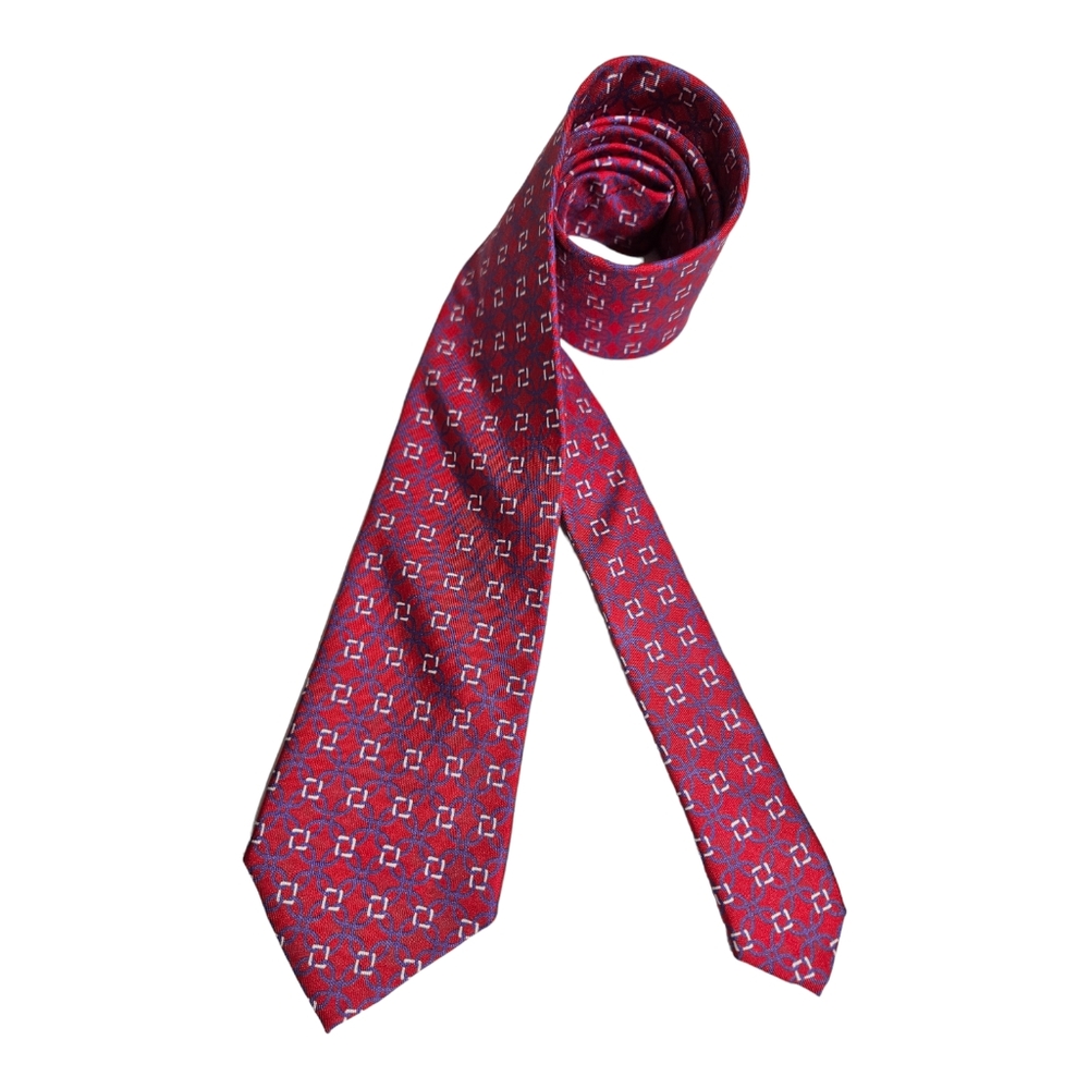 J. MCLAUGHLIN Red/Purple Geometric Silk LUXURY Tie ITALY